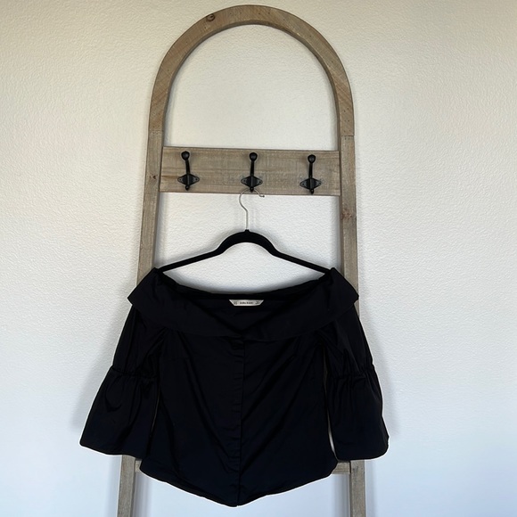 Zara Off Shoulder Button Up 3/4 Sleeve Black Shirt Size M - Picture 5 of 11
